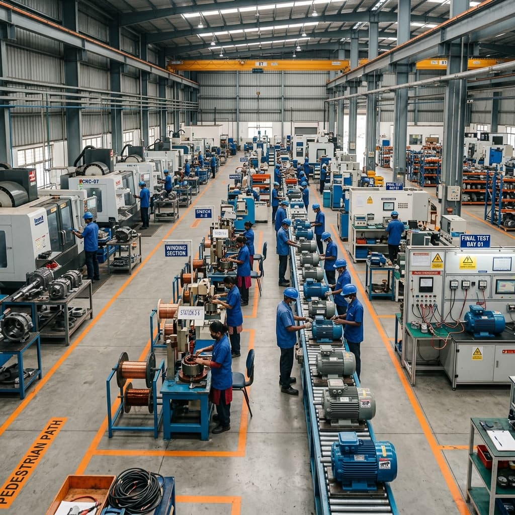 Sun Star Motors Manufacturing Floor — CNC machines, winding stations, and testing equipment